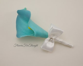 Turquoise Blue Calla Lily Boutonniere, Real Touch, Lapel Bloom, Mens Groomsmen wedding flower