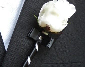 White Rose Boutonniere with Black Ribbon, Silk Flowers, Groomsmen Lapel Buttonhole Bloom