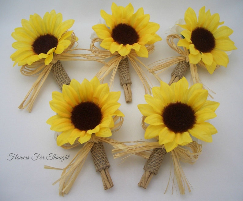 Rustic Sunflower Burlap Boutonniere with Straw Bow 1 Lapel Pin made to order Groomsmen Wedding Flowers