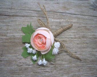 Blush Pink Boutonniere, Silk Flowers, Wedding, Groom Lapel Pin, Ranunculus