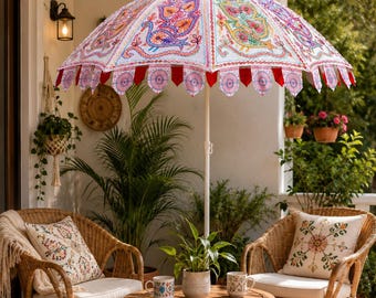 Multi Peacock Print Garden Umbrella, Garden Parasol, Bright Patchwork Patio Umbrella, Bohemian Outdoor Sun Shade Protection Garden Parasol
