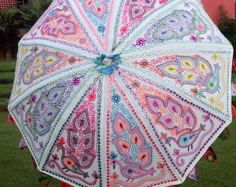 Multi-Peacock Design Umbrella – Indian Handmade Garden Parasol by EdspireArt, Embroidery for Outdoor Décor, Waterproof Foldable Umbrella