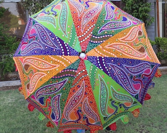Ręcznie haftowany indyjski duży parasol ogrodowy z nadrukiem pawia, parasol plażowy z ochroną przeciwsłoneczną, parasol z lustrzanym wzorem
