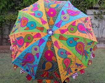 Handmade Large Garden Umbrella, Art by Edspire Multi Colour Parrot Birds Printed Parasol Umbrella, Animals Lovers Garden Umbrella Self Gifts