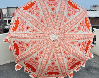 Guarda-sol de jardim artesanal EdspireArt, bordado puro com desenho de elefante na cor laranja, ideal para casamentos, pátios e áreas externas, com proteção solar.