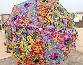 Sombrilla de protección solar con bordado indio hecho a mano, estampado de elefante multicolor, decoración para bodas, patios y jardines. Regalo ideal.