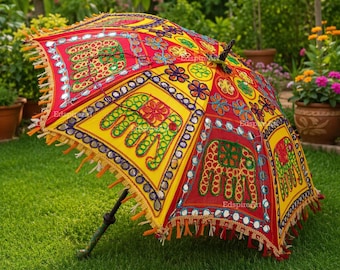 Embroidered Work Indian Handmade Decorative Parasol Umbrella, Boho Wedding Decor Umbrella, Traditional Elephant Garden Patio Decor Umbrella