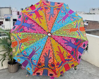 EdspireArt Handmade Garden Parasol, Pure Embroidery Work Multi Colour Long Tree Inspired by Natural Design Patio Sun Protection Parasol