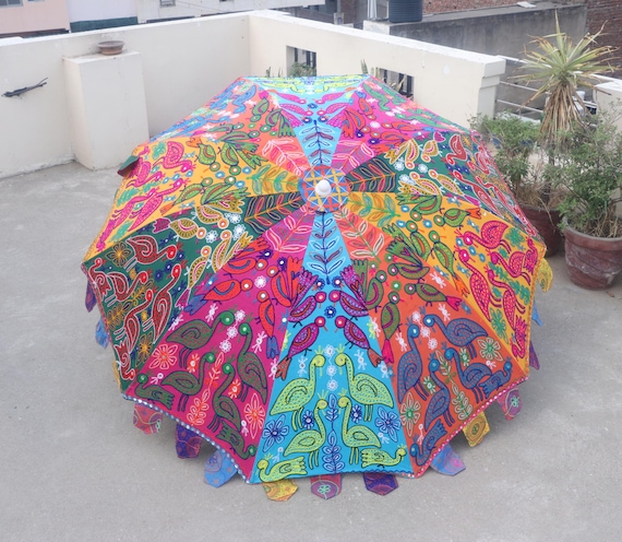 embroidered patio umbrellas Colourful Peacock Embroidered Boho Umbrella – Handmade Indian Garden  Parasol, Festival Patio Shade, Vibrant Outdoor Wedding Décor