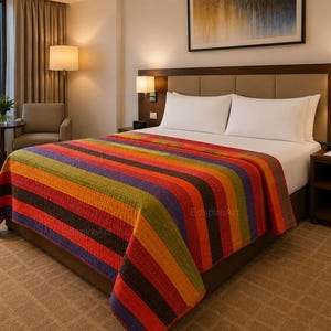 Multicolor Striped Kantha Quilt Handmade Cotton Boho Patchwork Blanket | Rustic Throw | Queen King Size