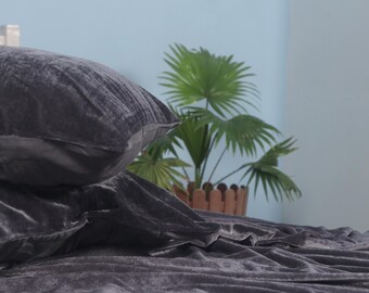 Indian Handmade Charcoal Dark Gray Boho Duvet Cover, Natural Silk Velvet Soft Duvet Cover, Comforter Cover King, Queen Size for Living Room,