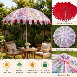 May include: A large outdoor patio umbrella featuring intricate, colorful peacock embroidery on a white fabric canopy with scalloped edges. The design includes a sturdy metal frame, a decorative top finial, and detailed needlework patterns throughout.