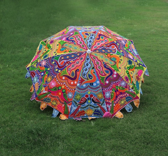 Indian Handmade Garden Umbrella, Pure Embroidery Work Multi Colour Peacock and Parrot Design EdspireArt Parasol, Sun Protection Umbrella