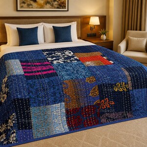 Handgemachte Patchwork Decke Kantha, Vintage indische Baumwolle Tagesdecke, Boho Bettwäsche Überwurf, Bettdecke, Handgenähte Quilt