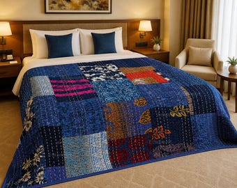 Handmade Blue Patchwork Quilt Kantha, Vintage Indian Cotton Bedspread, Reversible Kantha, Boho Bedding Throw, Bed Cover, Hand Stitched Quilt