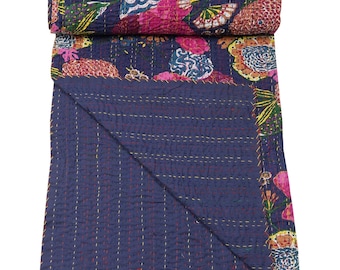New Floral Pattern Dark Blue Kantha Quilt, Decorative Kantha Bedspread, Blanket, Bed Cover, Throw Perfect Bedspread Quilt For Your Bedroom
