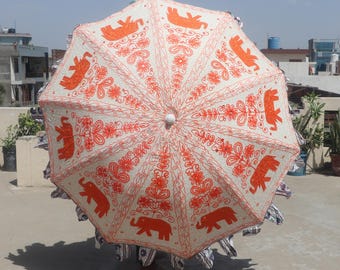 Colourful Boho Sun Shade Umbrella with Elephant /Flower Work – Handmade Embroidered Patio Décor for Garden, Terrace & Parties