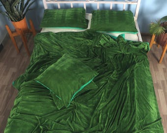 Boho Bettwäsche Tröster Donna Cover, Smaragdgrüner Samt Bettbezug, Luxus Bettwäsche Set, Damast Samt Bettwäsche Set, Samt Tagesdecke Bettdecke