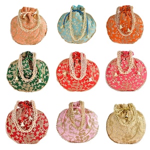 Embroidered Potli Bag, Indian Bridal Potli Purse, Pearl Handle Wedding Clutch, Handmade Ethnic Drawstring Bag, Festive Party Favor Bags