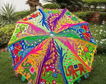 Elephant Embroidered Handmade Garden Umbrella, Large Garden Umbrella, Sun Protection Beach Parasol Umbrella,  Decor Parasol Garden Umbrella
