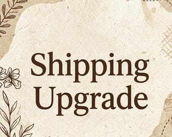 Könnte beinhalten: Eine quadratische Grafik mit einer strukturierten cremefarbenen Mitte und braunen botanischen Illustrationen von Blättern und Blumen an den Rändern. Der Text Shipping Upgrade ist mittig in einer dunkelbraunen Serifenschrift gedruckt.
