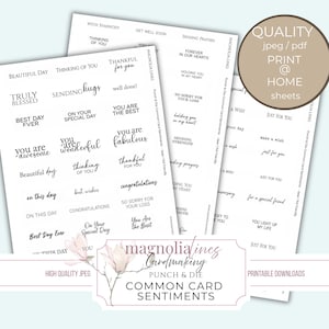 Könnte beinhalten: Drei Blätter mit druckbaren Kartensprüchen mit Sätzen wie "Thinking of You", "Best Day Ever" und "Congratulations". Die Blätter enthalten ein Logo mit der Aufschrift "Magnolia Lines Cardmaking". Eine kreisförmige Grafik besagt "Qualität jpeg/pdf Drucken @ Home Blätter".