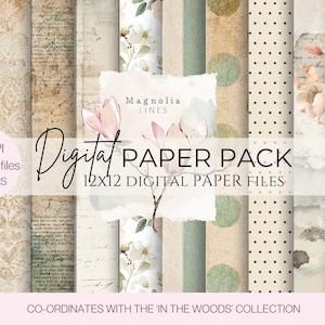 May include: Digital paper pack with various vintage-style designs. The pack includes 10 digital papers, each 12x12 inches, with floral, polka dot, and script patterns. The image also includes the text "Magnolia Lines" and "Digital Paper Pack".