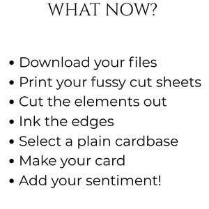 May include: A white background with black text. The text reads "WHAT NOW?" followed by a list of instructions: Download your files, Print your fussy cut sheets, Cut the elements out, Ink the edges, Select a plain cardbase, Make your card, and Add your sentiment!