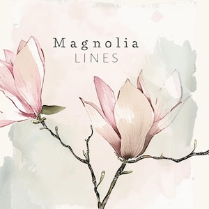 May include: A watercolour illustration featuring magnolia flowers in shades of pink and white, with the text "Magnolia LINES". The image has a soft, airy aesthetic, suitable for floral art or home decor.