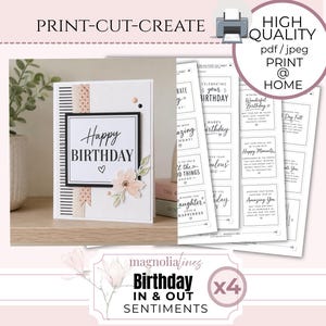 May include: A digital printable set featuring birthday sentiments with the text PRINT-CUT-CREATE and HIGH QUALITY pdf/jpeg PRINT @ HOME. Includes a greeting card with a Happy Birthday label, a floral accent, and sheets of square sentiment tags.