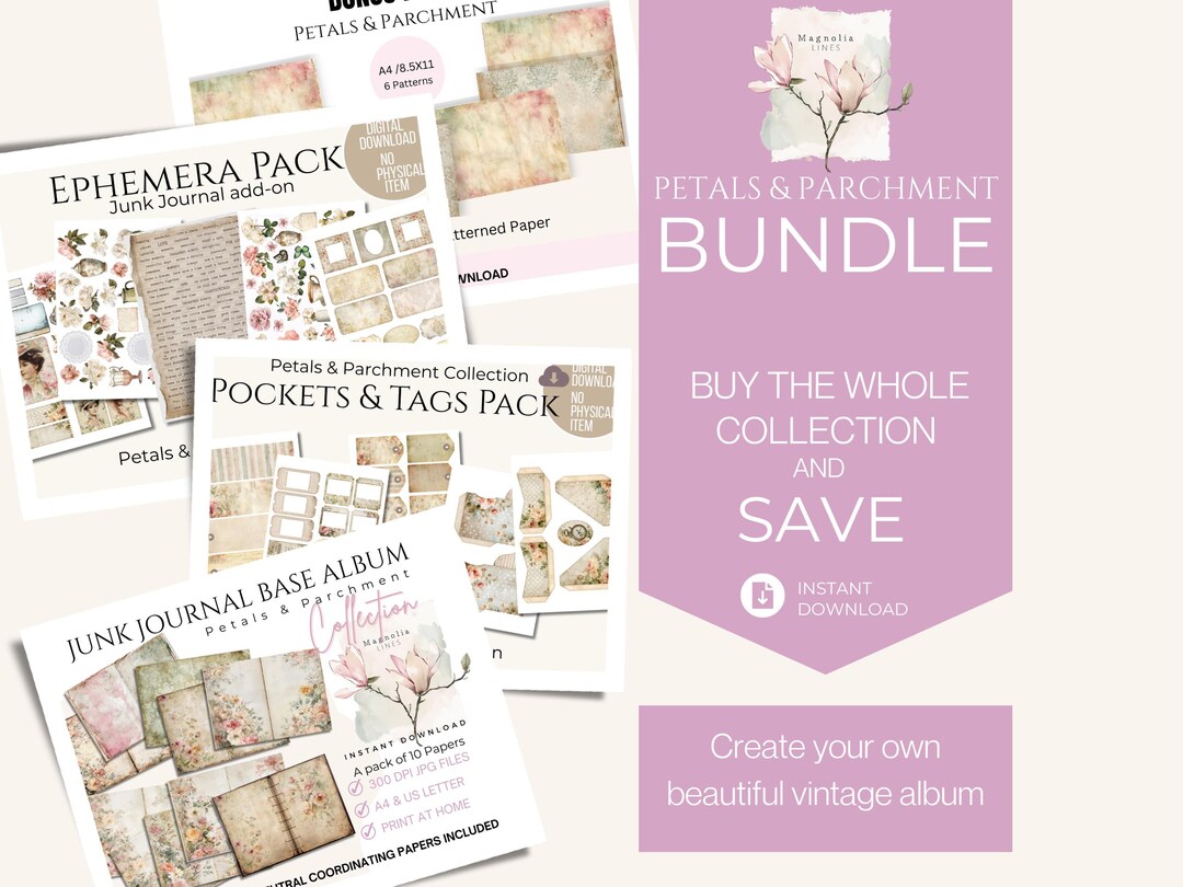 Vintage Junk Journal Bundle Pack, DIY Coordinating Full Kit. Printable ...
