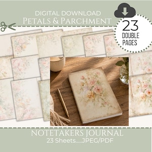 May include: A digital download set titled Petals & Parchment featuring 23 double pages of floral patterned stationery. The collection includes various sheets with soft rose illustrations and grid textures, alongside a journal with a floral cover.