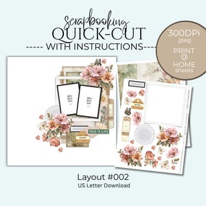 Puede incluir: Diseño de scrapbooking de corte rápido con instrucciones. El diseño presenta dos marcos de fotos, detalles florales y elementos decorativos. Incluye el texto "PHOTOGENIC" y "THIS IS LIFE".