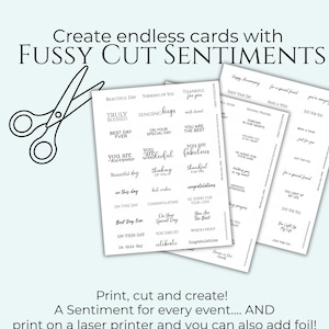 May include: Printed sheets of sentiments for card making, featuring phrases such as "Thinking of you" and "Just for you." Includes scissors and text: "Create endless cards with FUSSY CUT SENTIMENTS."