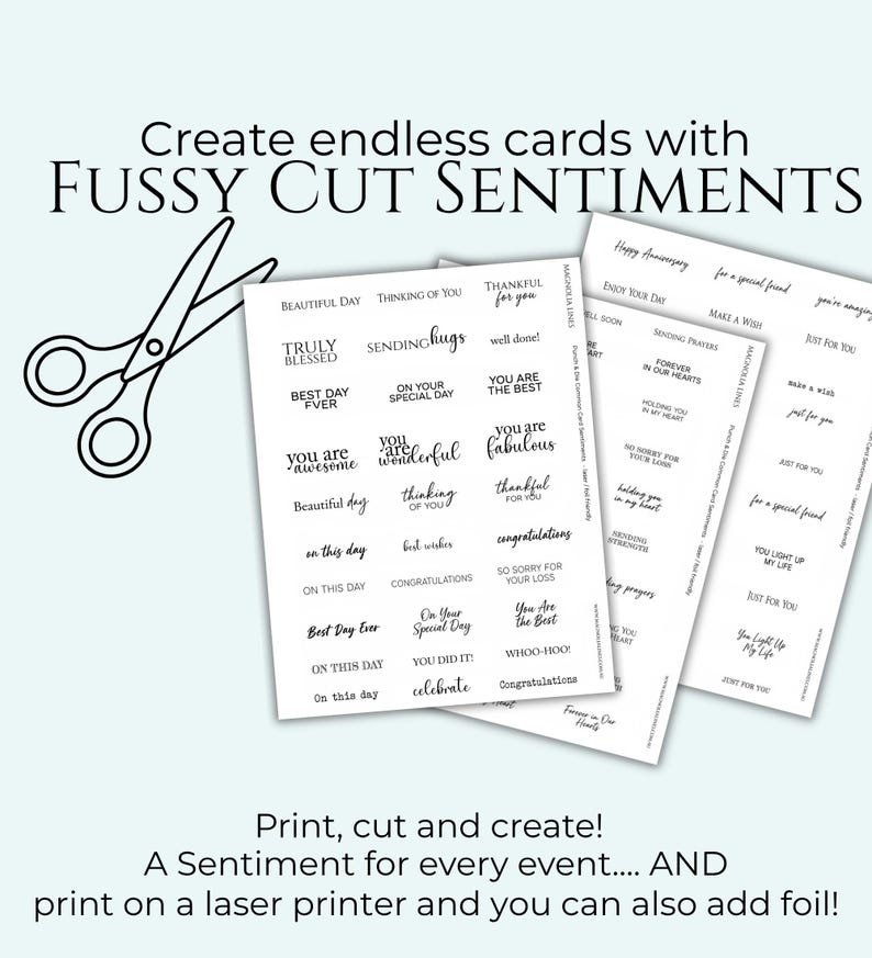 May include: Printed sheets of sentiments for card making, featuring phrases such as "Thinking of you" and "Just for you." Includes scissors and text: "Create endless cards with FUSSY CUT SENTIMENTS."