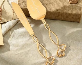 Juego personalizado para cortar la tarta de boda con cuchillo y tenedores de acero inoxidable en forma de corazón.