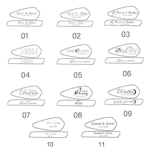 May include: A collection of eleven black and white graphic designs featuring various personalized text options, names, and dates. Each design includes a teardrop-shaped element and a rectangular bar element, showcasing different fonts and decorative motifs.