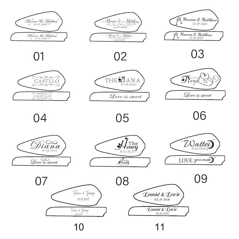 May include: A collection of eleven black and white graphic designs featuring various personalized text options, names, and dates. Each design includes a teardrop-shaped element and a rectangular bar element, showcasing different fonts and decorative motifs.