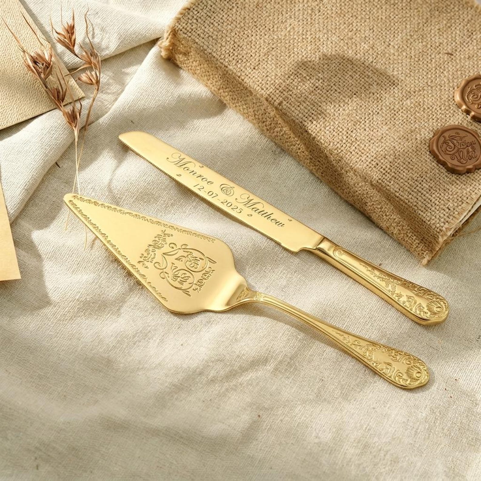 Personalized Engraved Cake Cutting Set, Custom Wedding Dessert Silverware - Gold, 01