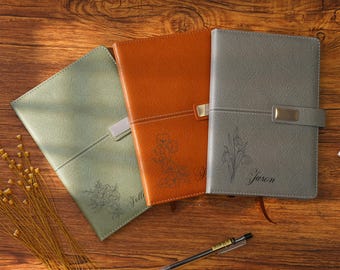 Diario personalizado con flores de nacimiento, cuaderno con flores del mes de nacimiento, diario grabado personalizado, diario personalizado, regalo de cumpleaños con flores de nacimiento