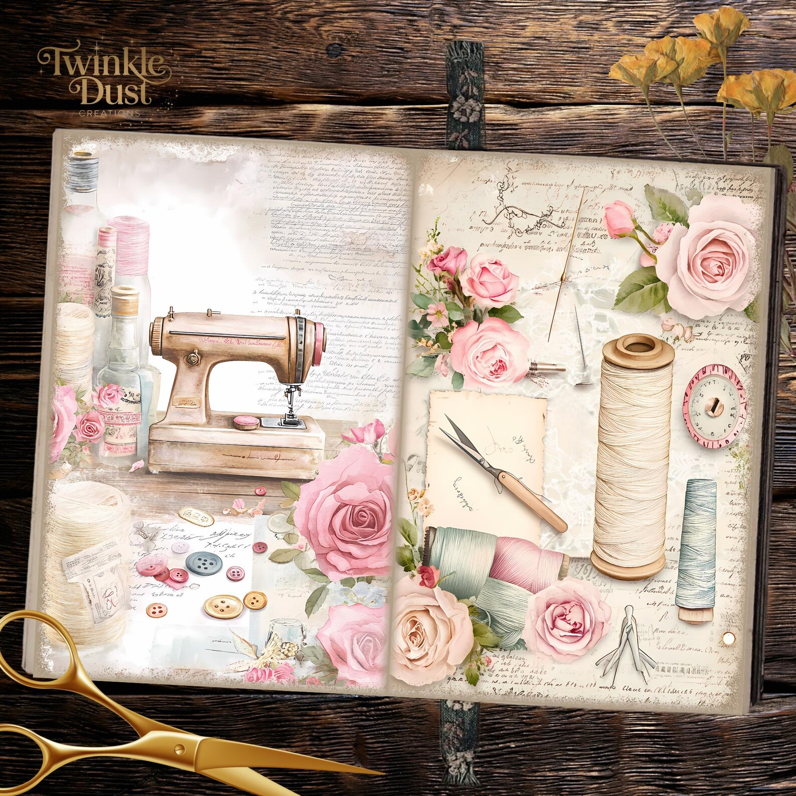 Atelier Sewing Digital Junk Journal Pages, Scrapbook Paper Kit, Lace Collage Sheet, Seamstress ...