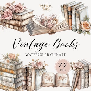 Watercolor Vintage Books Clipart, Book Clip Art, Book lover, PNG Graphics, Instant Download Stickers