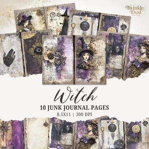 Witchcraft Junk Journal Pages, Digital Scrapbook Paper, Printable Spell Book, Mystic Witch, Gothic Book Collage Sheet, Purple Junk Journal