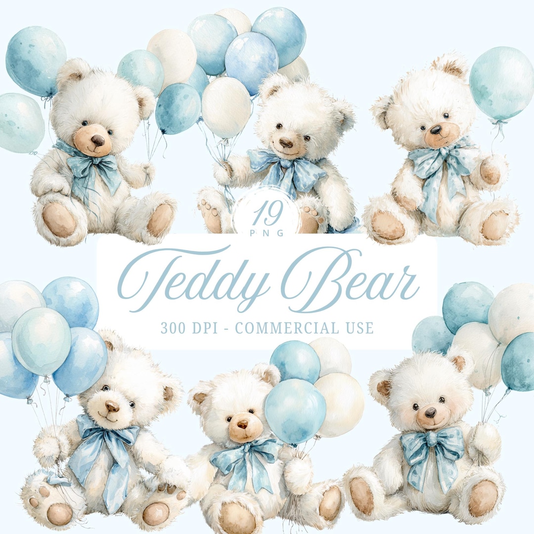 Watercolor Teddy Bear Clipart: Baby Shower Nursery Art (PNG Digital ...