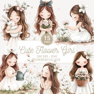 Clipart de linda chica con flores en acuarela, ilustración de chica con flores para revistas basura, chicas, revistas basura, álbumes de recortes, licencia comercial