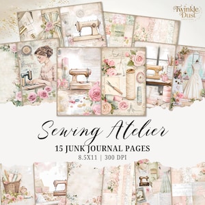 Atelier Nähen Digital Junk Journal Seiten, Scrapbook Papier Kit, Lace Collage Sheet, Näherin Printable, Nähmaschine Ephemera