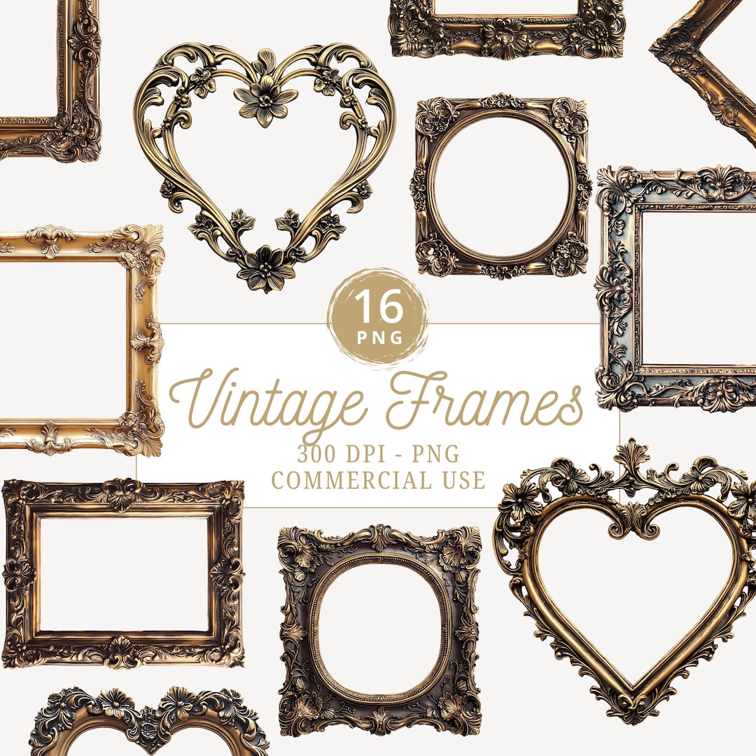 Antique Gold Baroque Frames Clipart: Vintage PNG Bundle (digital ...