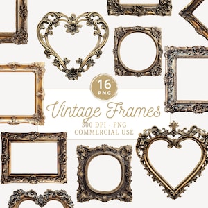 May include: Set of 16 vintage gold ornate picture frames with various shapes, including square, round, heart, and oval. The frames are isolated on a white background. 300 DPI - PNG - Commercial Use.