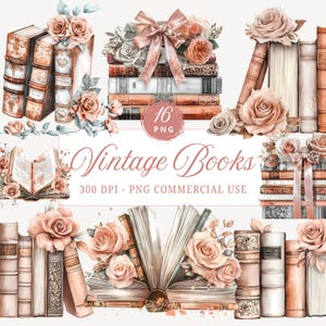 Watercolor Vintage Books Clipart, Floral Book Clip Art, Book lover, PNG Graphics, Instant Download Stickers
