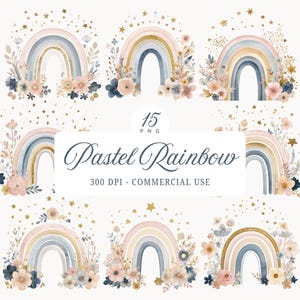 Boho Pastel Rainbow Clipart Kids Nursery Art Gold Foil Digital Download High Quality PNG for Scrapbook Junk Journal Crafts Watercolor Floral